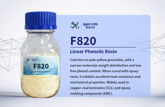 F820 Linear Phenolic Resin (Novolac), colorless to pale-yellow granular, narrow molecular-weight distribution and ultra-low levels of free phenol and ionic impurities